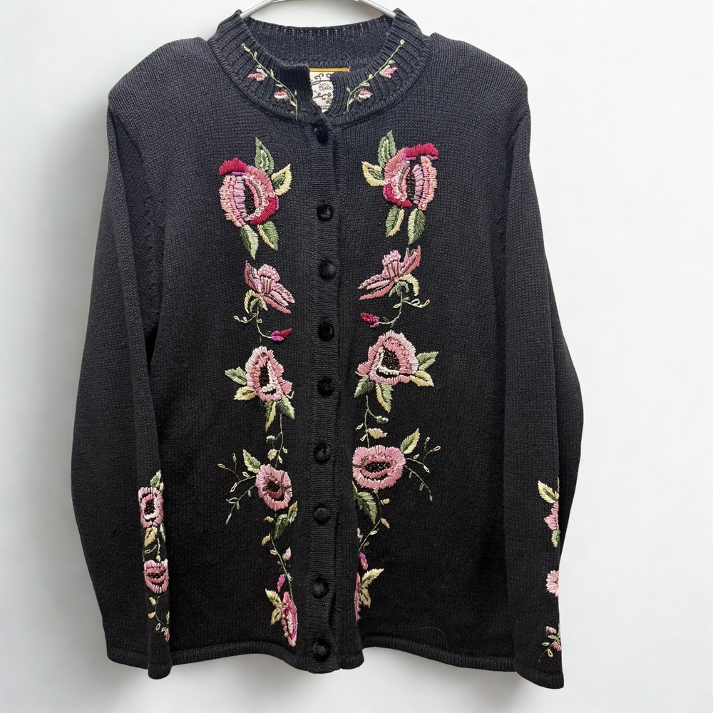 Vintage Heirloom Collectibles Black Floral Embroidered Cardigan Sweater Size L‎